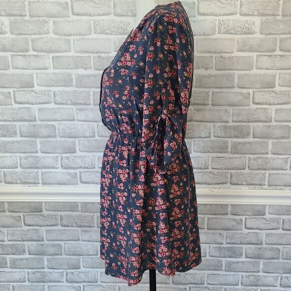 Wet Seal Womens Mini Dress Blue Floral 3/4 Roll Tab Sleeves M Cottage Feminine - Picture 3 of 7